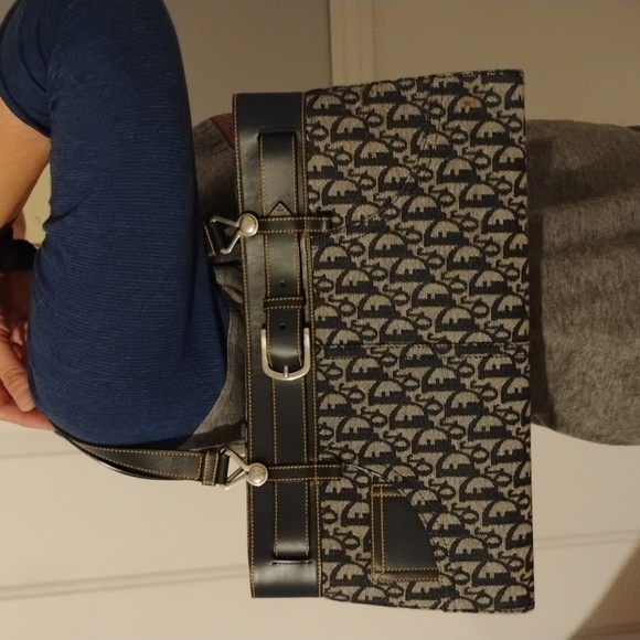 FIRM PRICE! Auth Dior Denim Navy Blue Oblique/Leather Vint Buckle Tote/Dust Bag - Picture 3 of 16